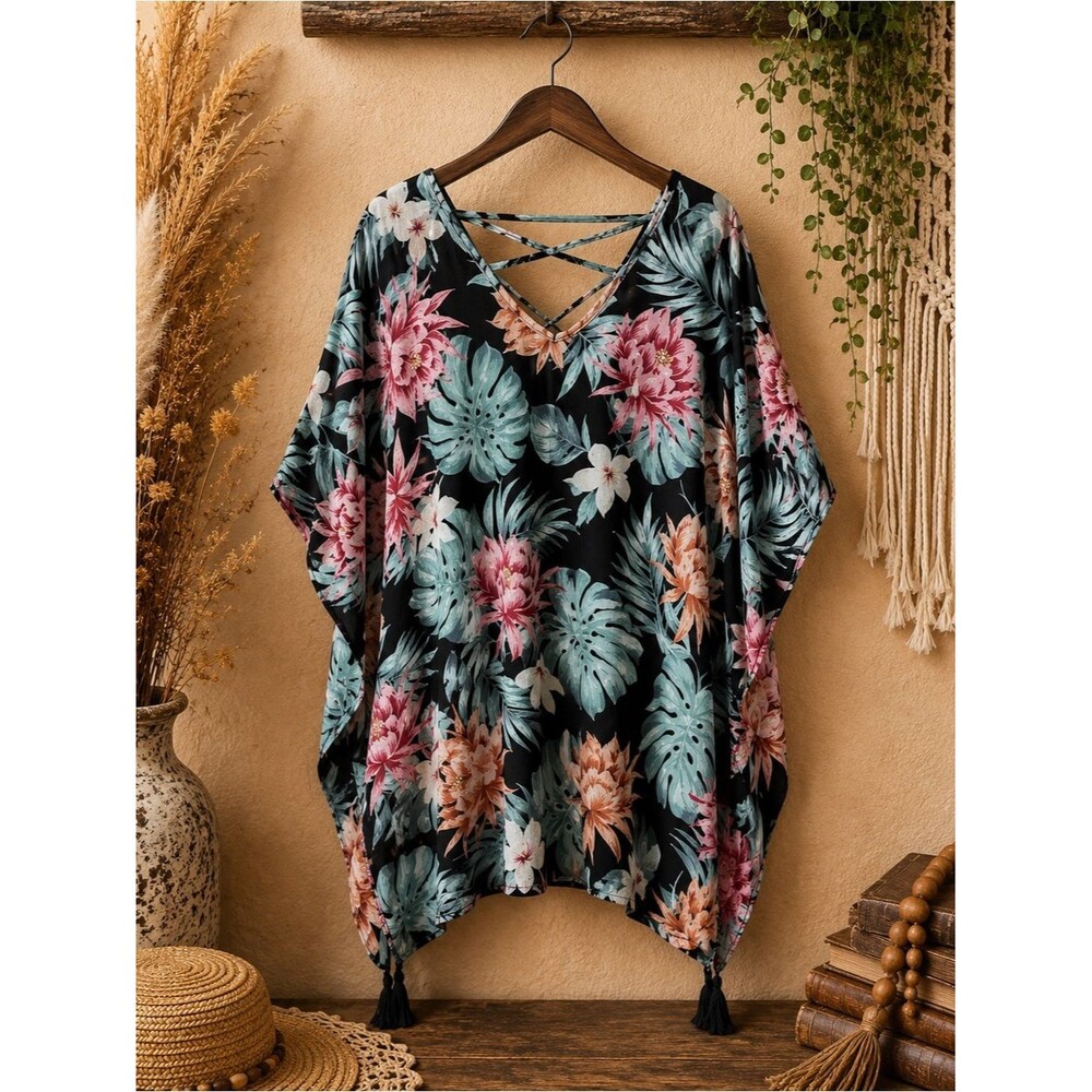 Kona Sol Tropical Swimsuit‎ Coverup Kimono Large Top Boho  Beach Caftan Wear